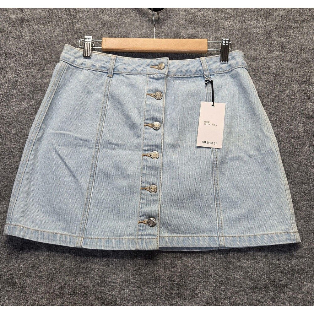 Forever 21 Skirt Womens Large Blue Denim Button Front A-Line Mini High Waist